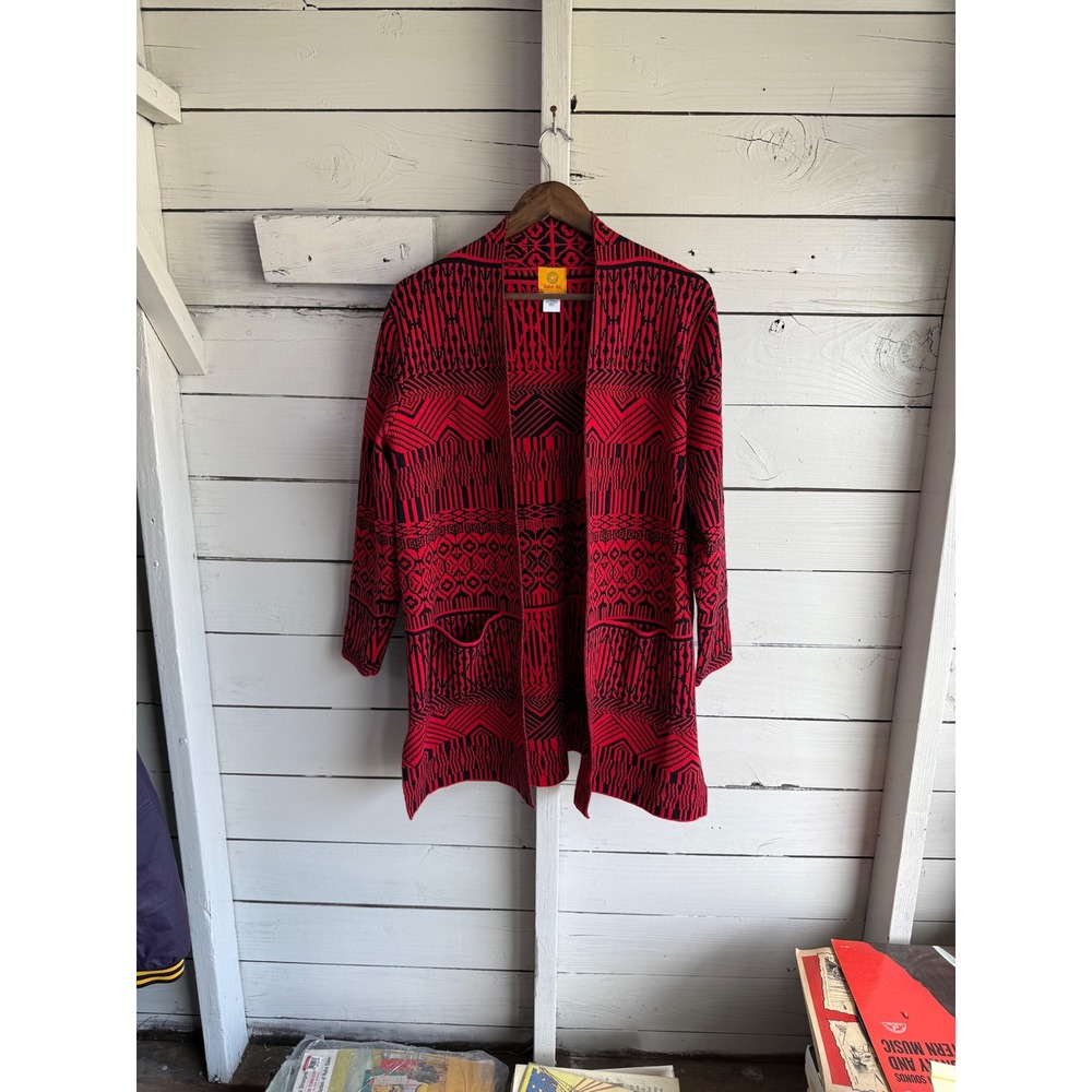 Ruby Rd Womens Red Black Geometric Tribal Open Front Cardigan Sweater Size M